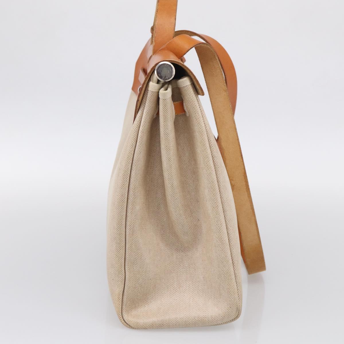 HERMES Herbag GM Hand Bag Canvas 2way Beige Silver Auth 209630