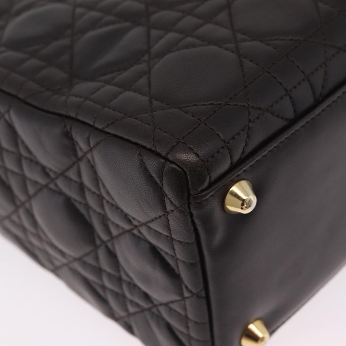 Christian Dior Canage Lady Dior Hand Bag Lamb Skin Dark Brown Gold Auth 209640V