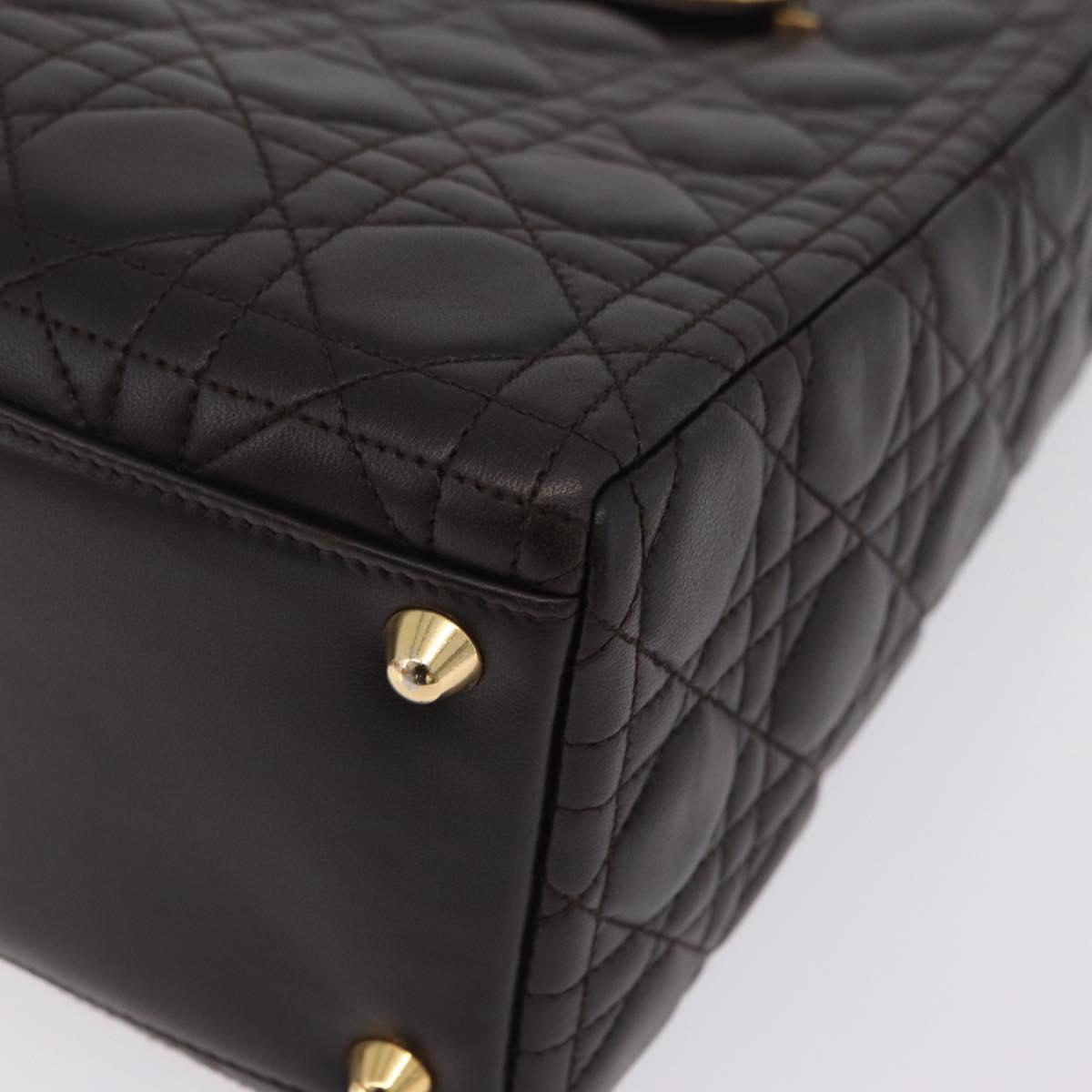 Christian Dior Canage Lady Dior Hand Bag Lamb Skin Dark Brown Gold Auth 209640V