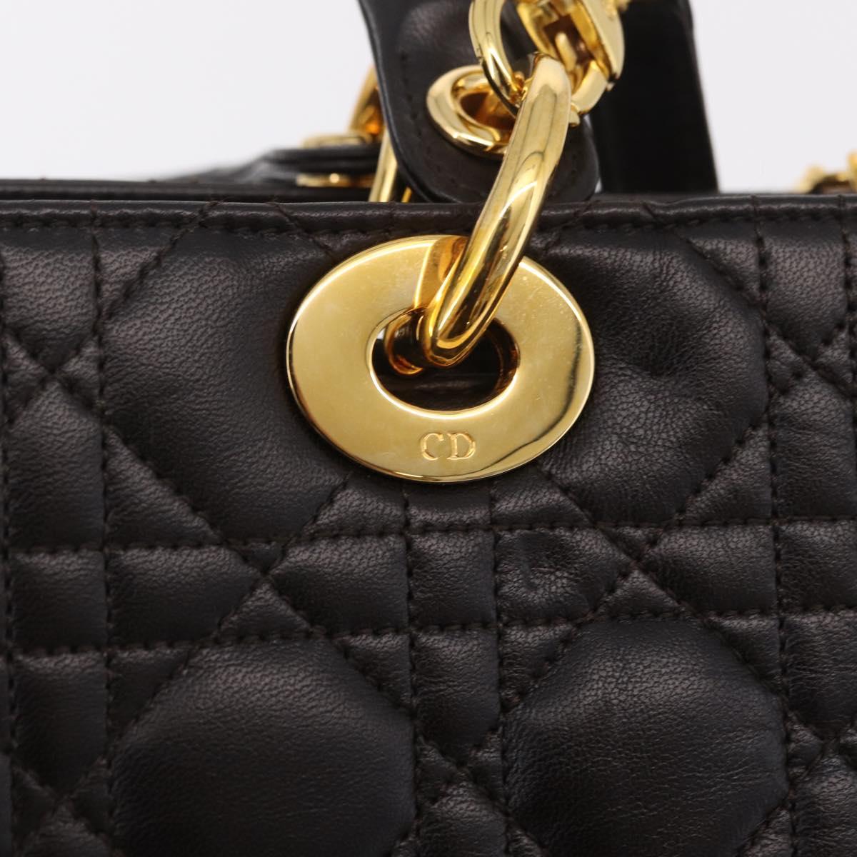 Christian Dior Canage Lady Dior Hand Bag Lamb Skin Dark Brown Gold Auth 209640V
