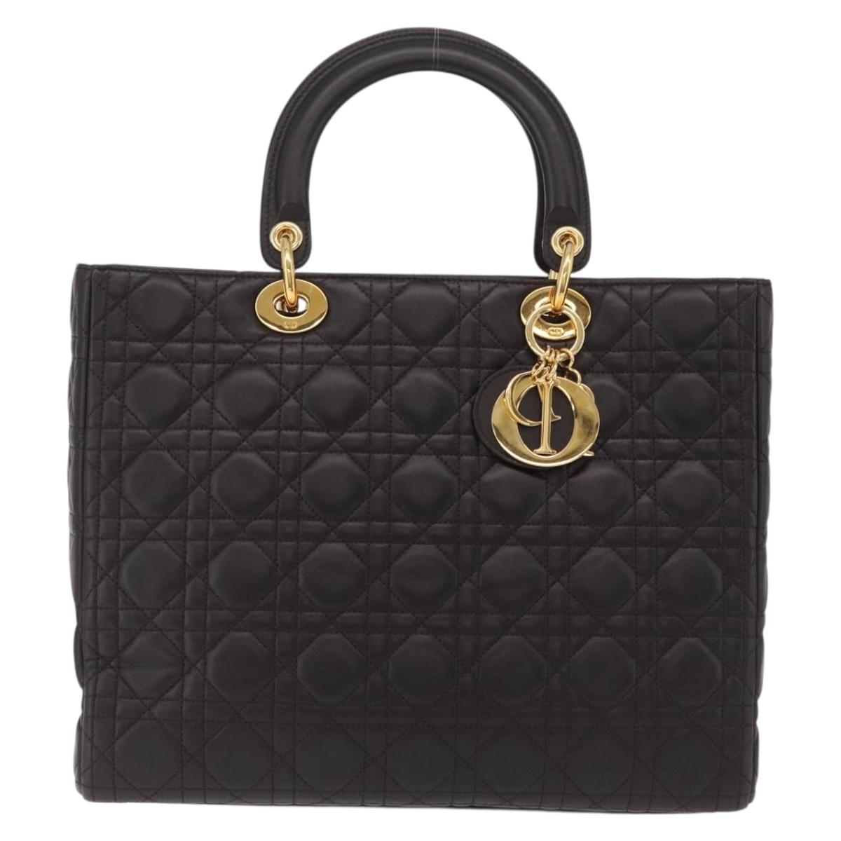 Christian Dior Canage Lady Dior Hand Bag Lamb Skin Dark Brown Gold Auth 209640V