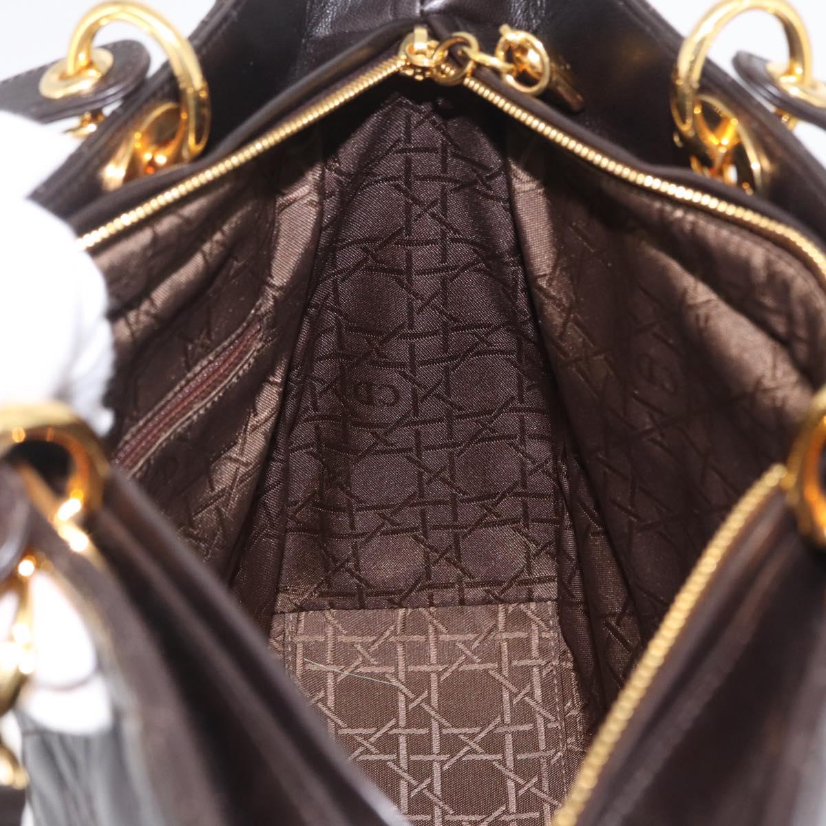 Christian Dior Canage Lady Dior Hand Bag Lamb Skin Dark Brown Gold Auth 209640V