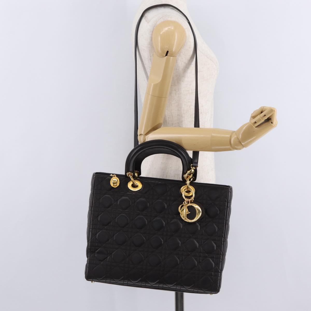 Christian Dior Canage Lady Dior Hand Bag Lamb Skin Dark Brown Gold Auth 209640V