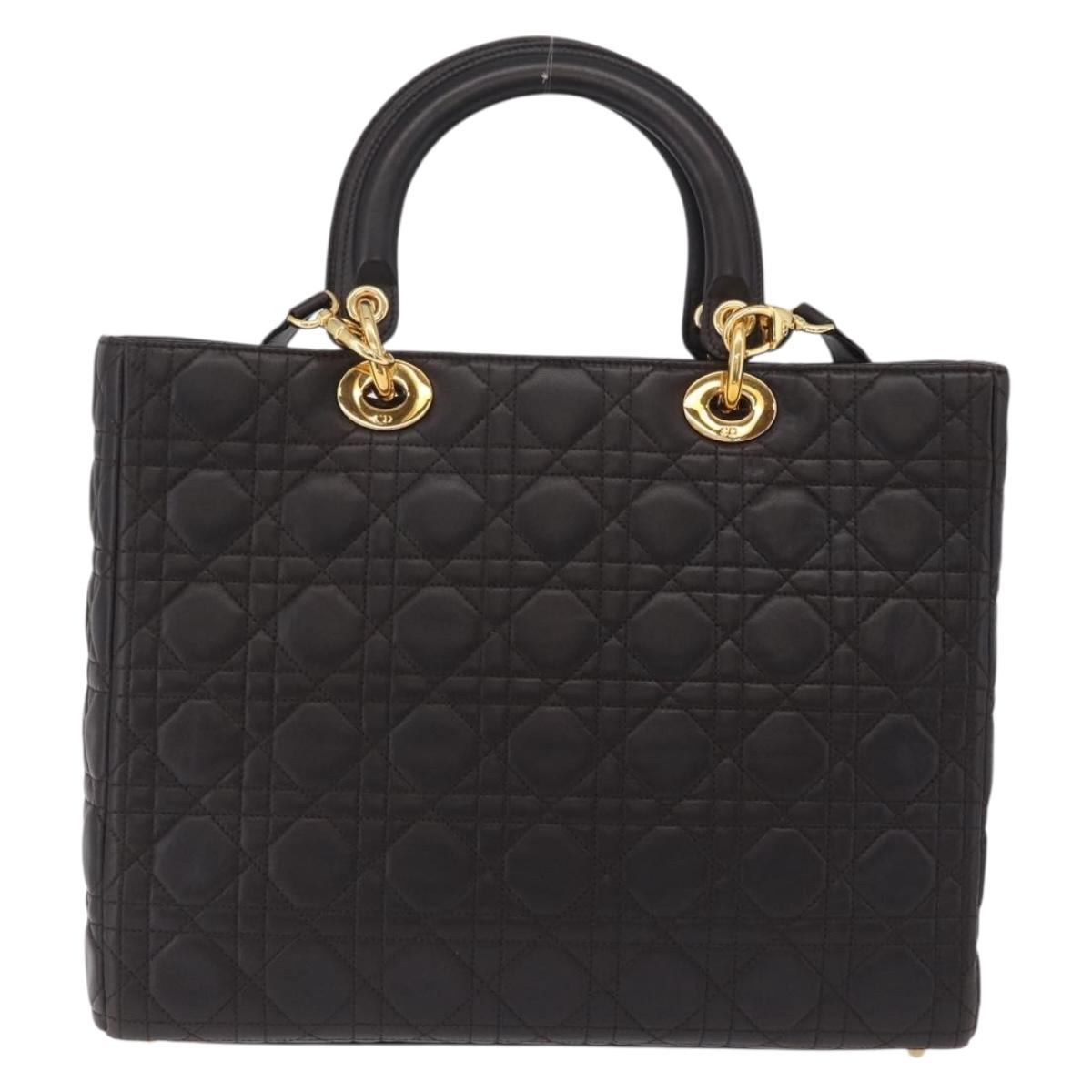 Christian Dior Canage Lady Dior Hand Bag Lamb Skin Dark Brown Gold Auth 209640V