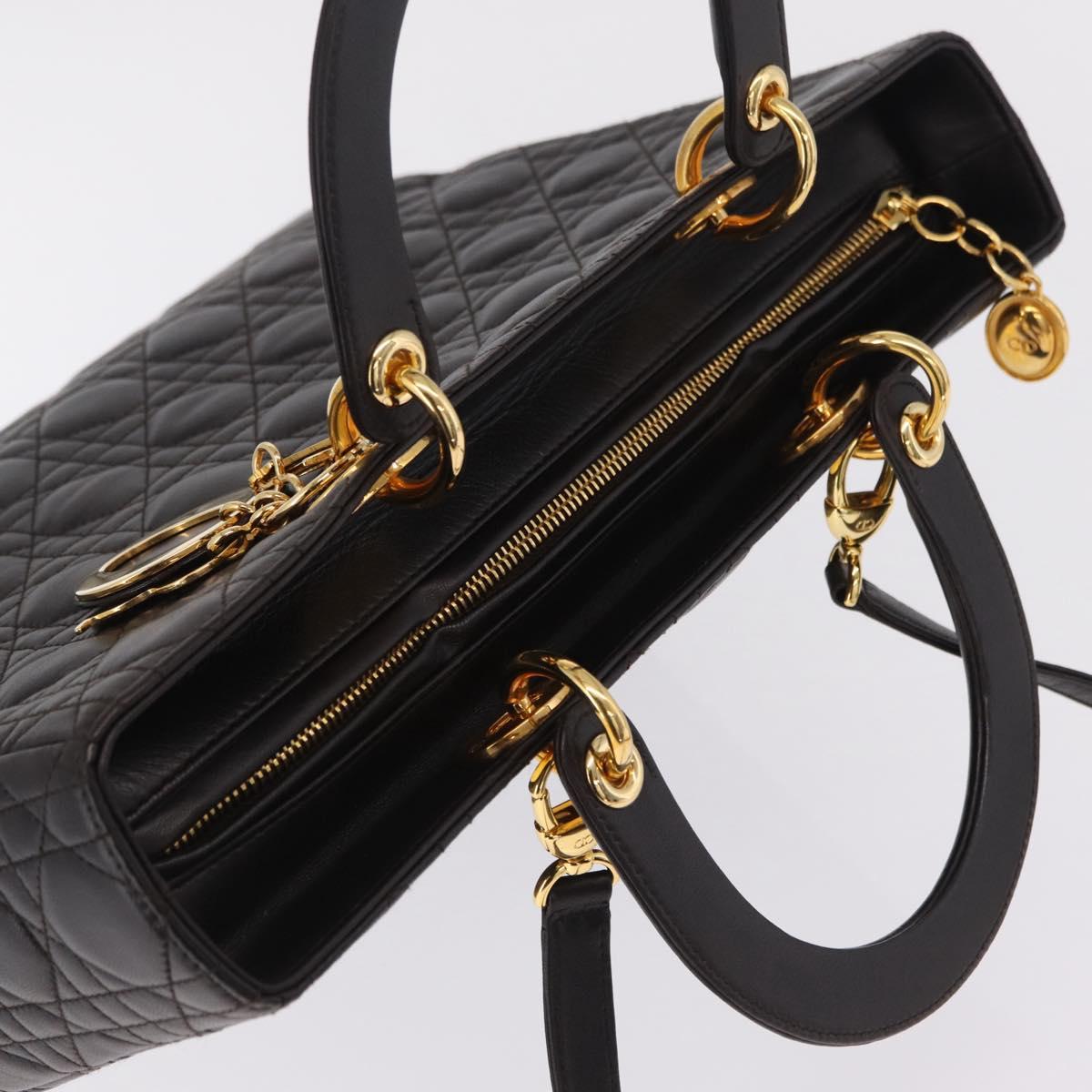 Christian Dior Canage Lady Dior Hand Bag Lamb Skin Dark Brown Gold Auth 209640V