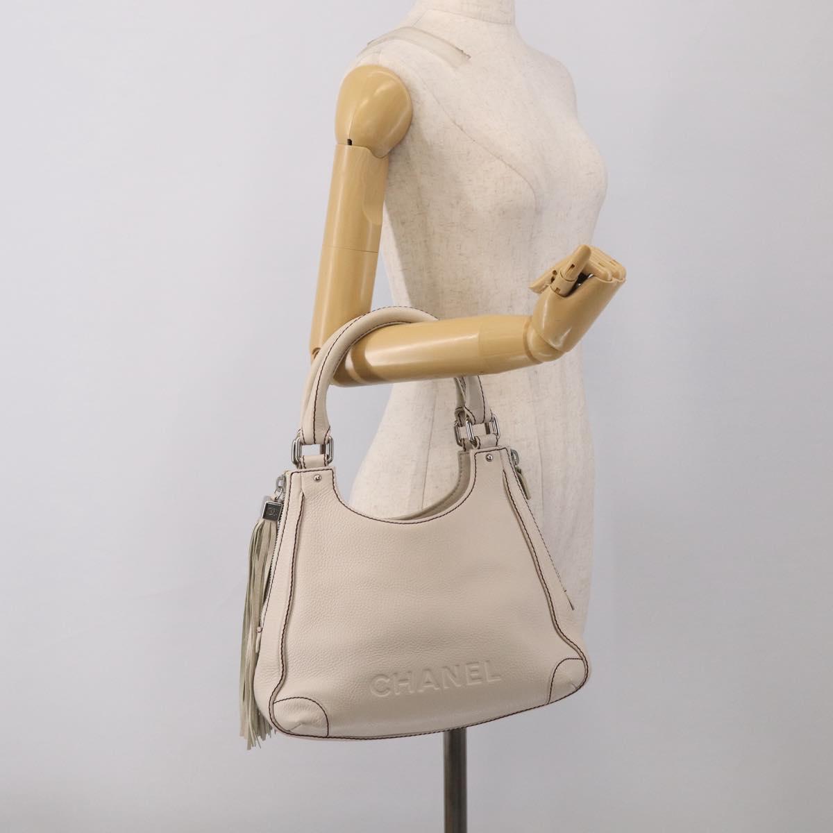 CHANEL Hand Bag Leather Ivory Silver CC Auth 209642V