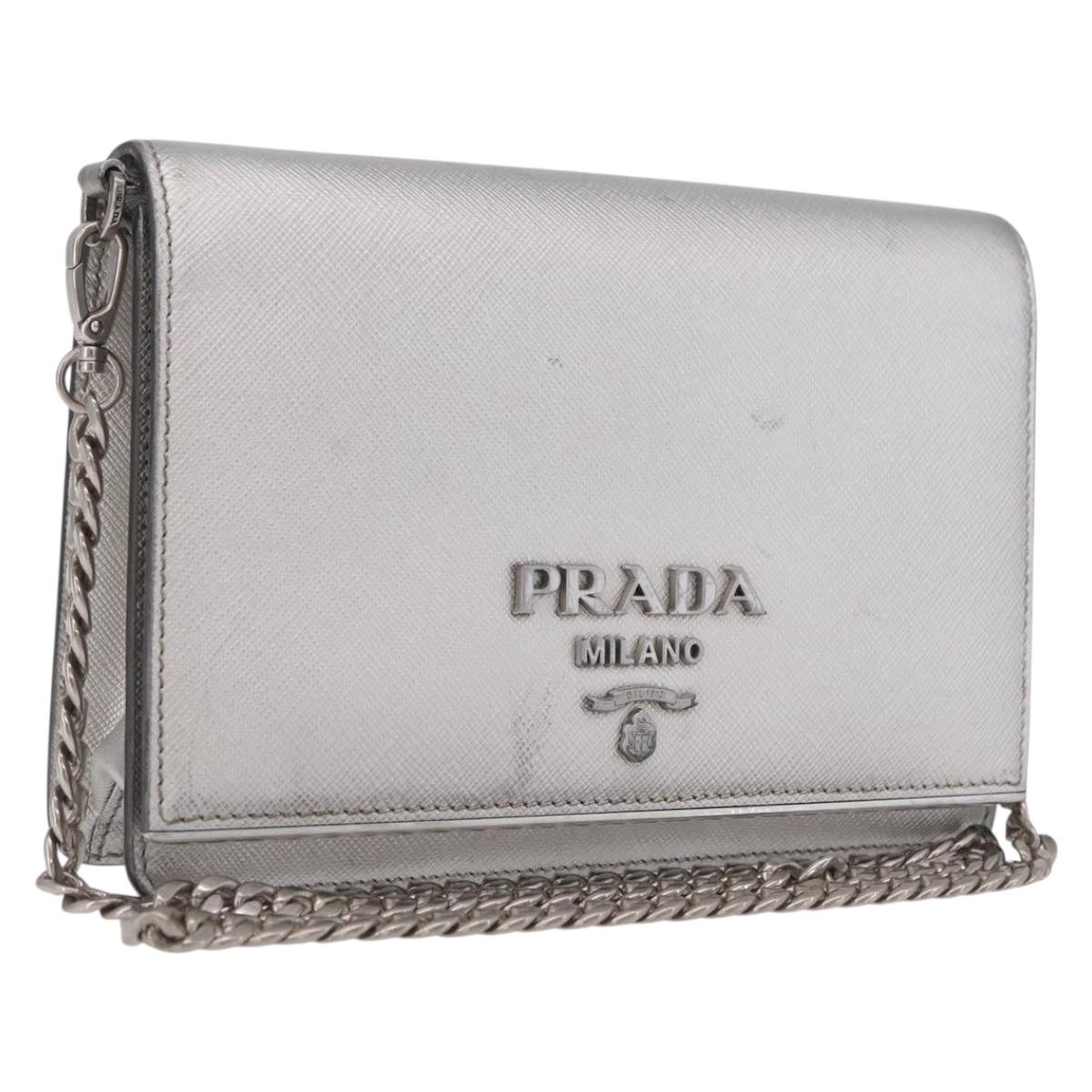 PRADA Chain Shoulder Bag Leather Silver Auth 209667A