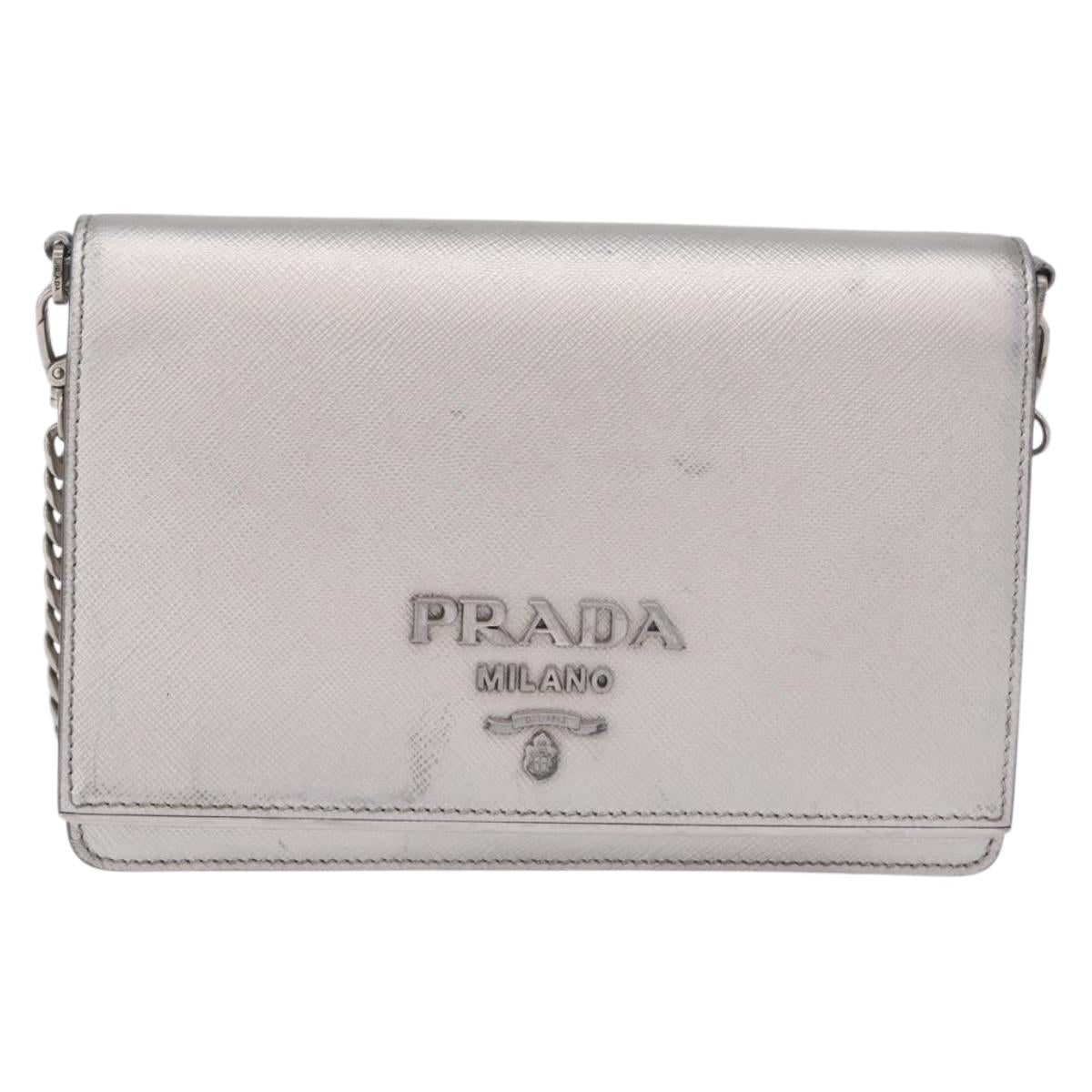 PRADA Chain Shoulder Bag Leather Silver Auth 209667A