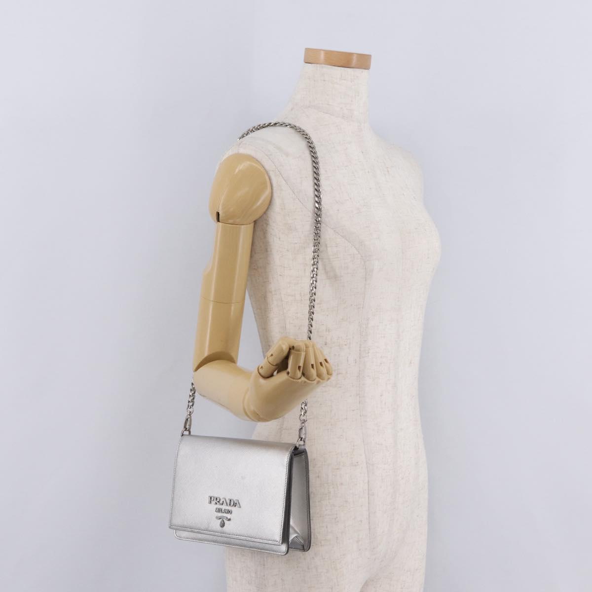 PRADA Chain Shoulder Bag Leather Silver Auth 209667A