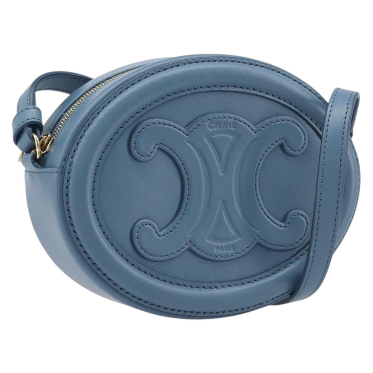 CELINE Triomphe Shoulder Bag Leather Light Blue Gold Tone Auth 209669M