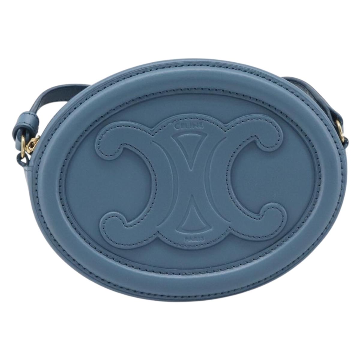 CELINE Triomphe Shoulder Bag Leather Light Blue Gold Tone Auth 209669M