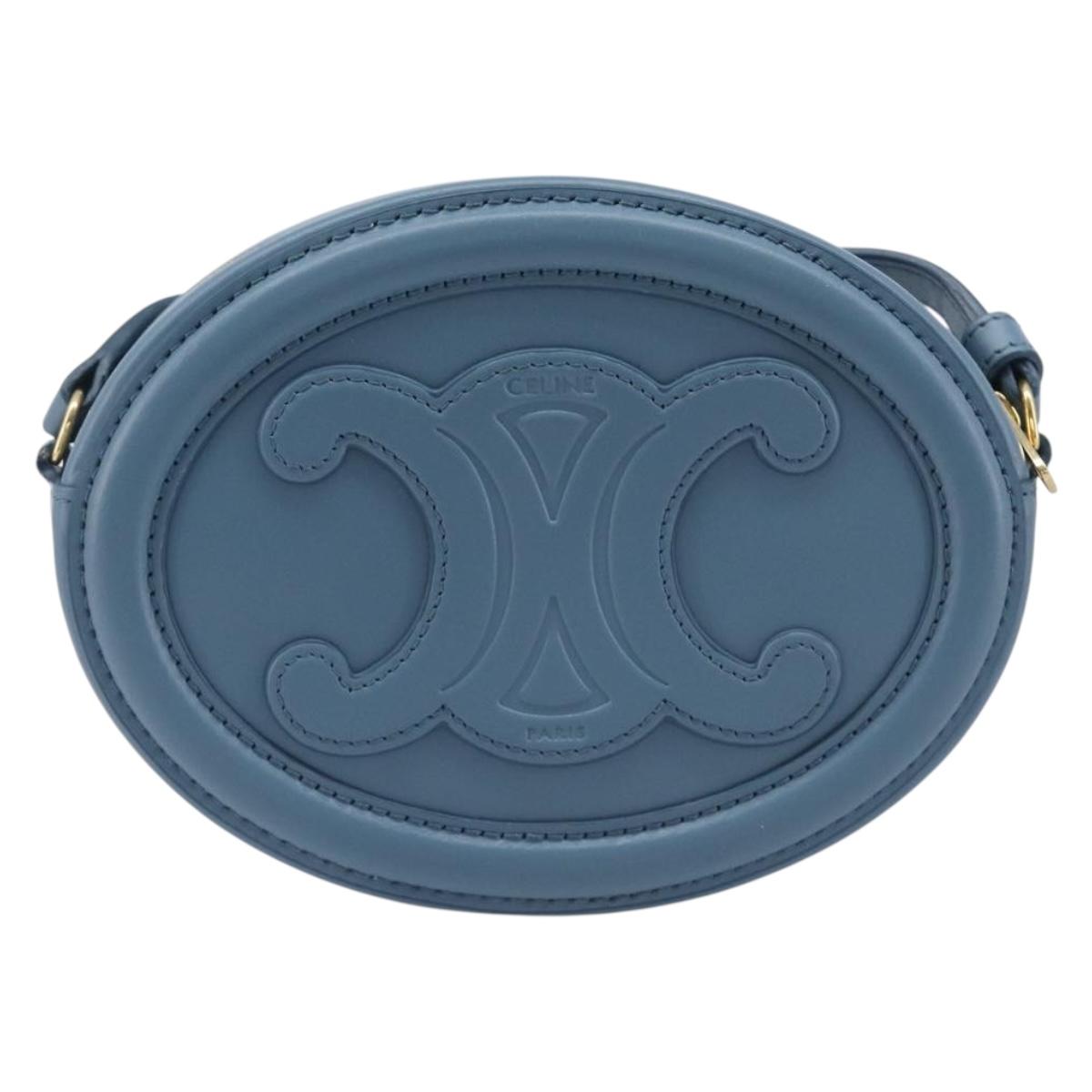 CELINE Triomphe Shoulder Bag Leather Light Blue Gold Tone Auth 209669M
