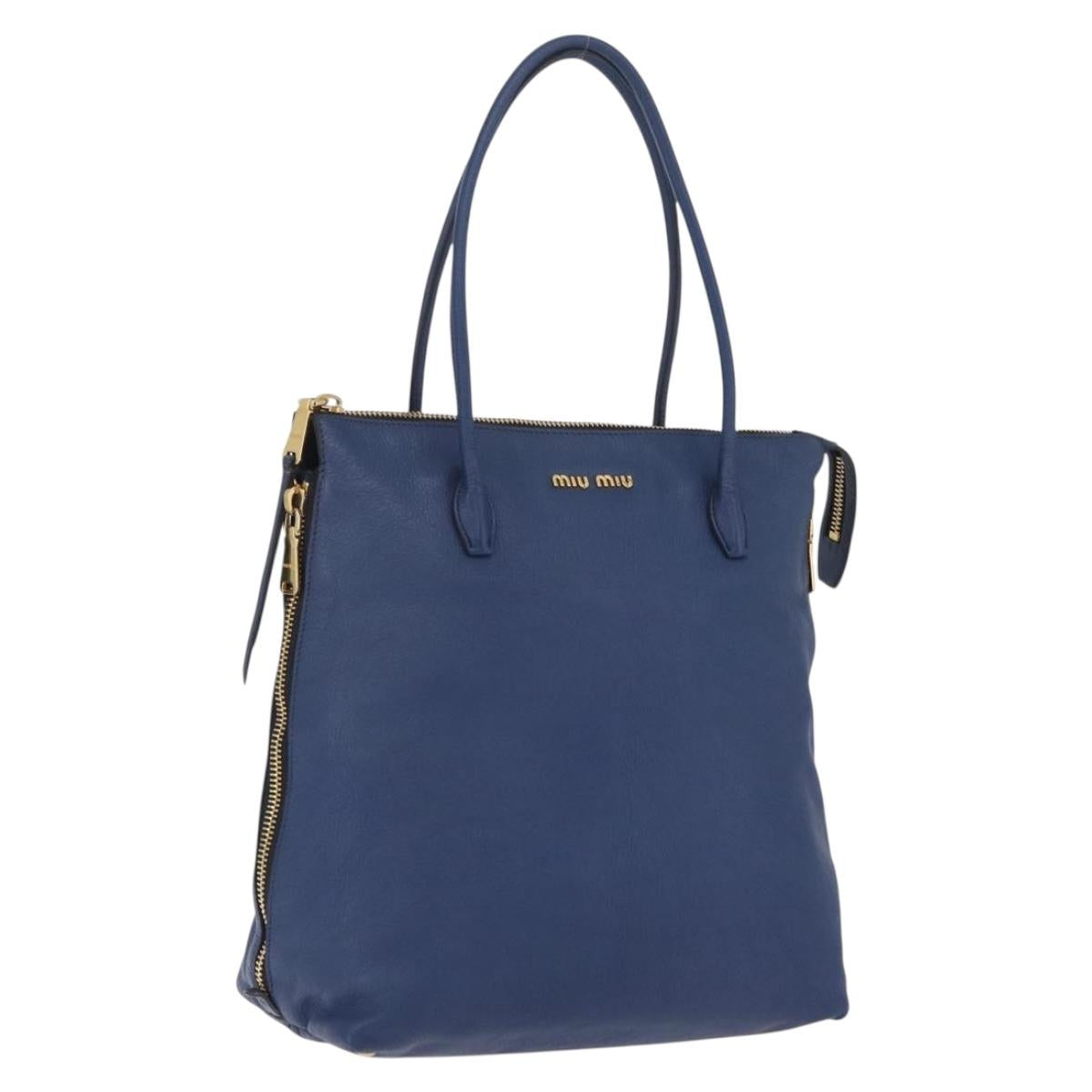 Miu Miu Tote Bag Leather Blue Gold Tone Auth 209709