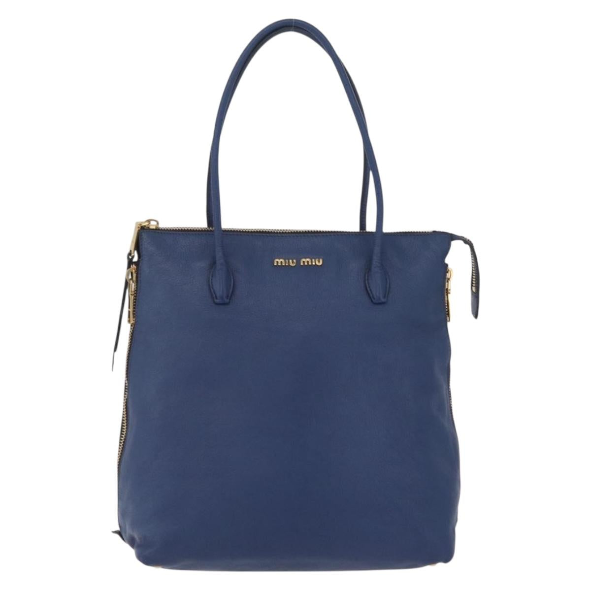 Miu Miu Tote Bag Leather Blue Gold Tone Auth 209709