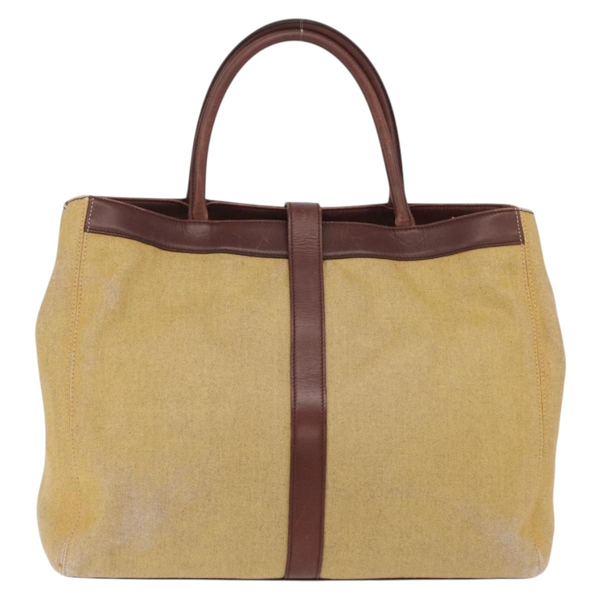 CHANEL Tote Bag Canvas Beige Gold Tone CC Auth 209717