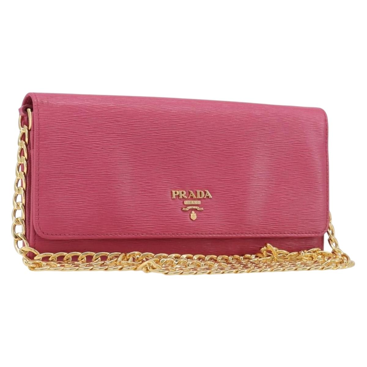 PRADA Chain Shoulder Wallet Leather Pink Gold Tone Auth 209725A