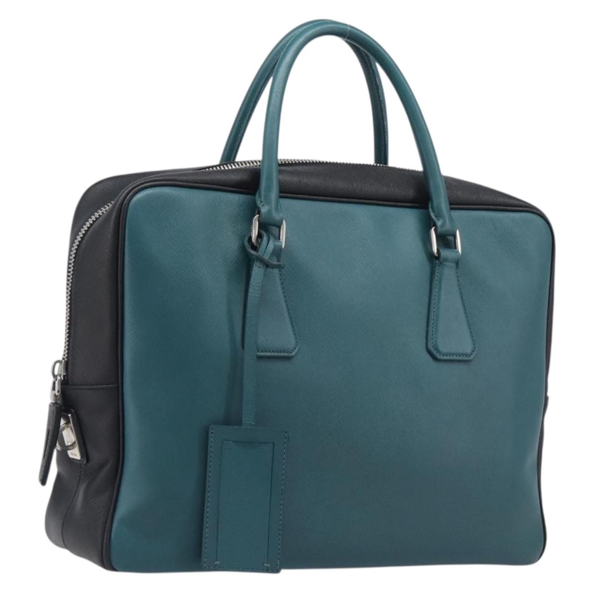 PRADA Hand Bag Saffiano leather Black Emerald Green Auth 209730A