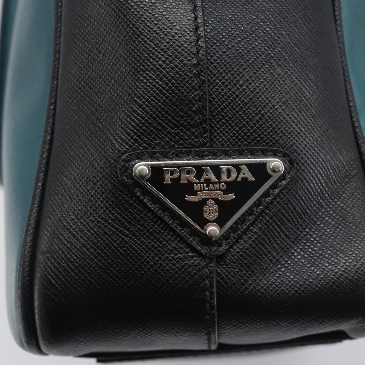 PRADA Hand Bag Saffiano leather Black Emerald Green Auth 209730A