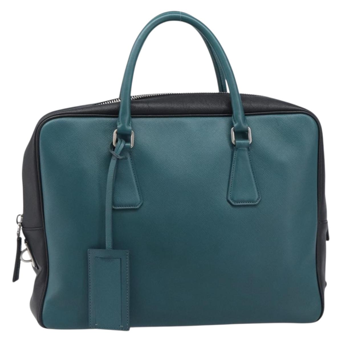PRADA Hand Bag Saffiano leather Black Emerald Green Auth 209730A