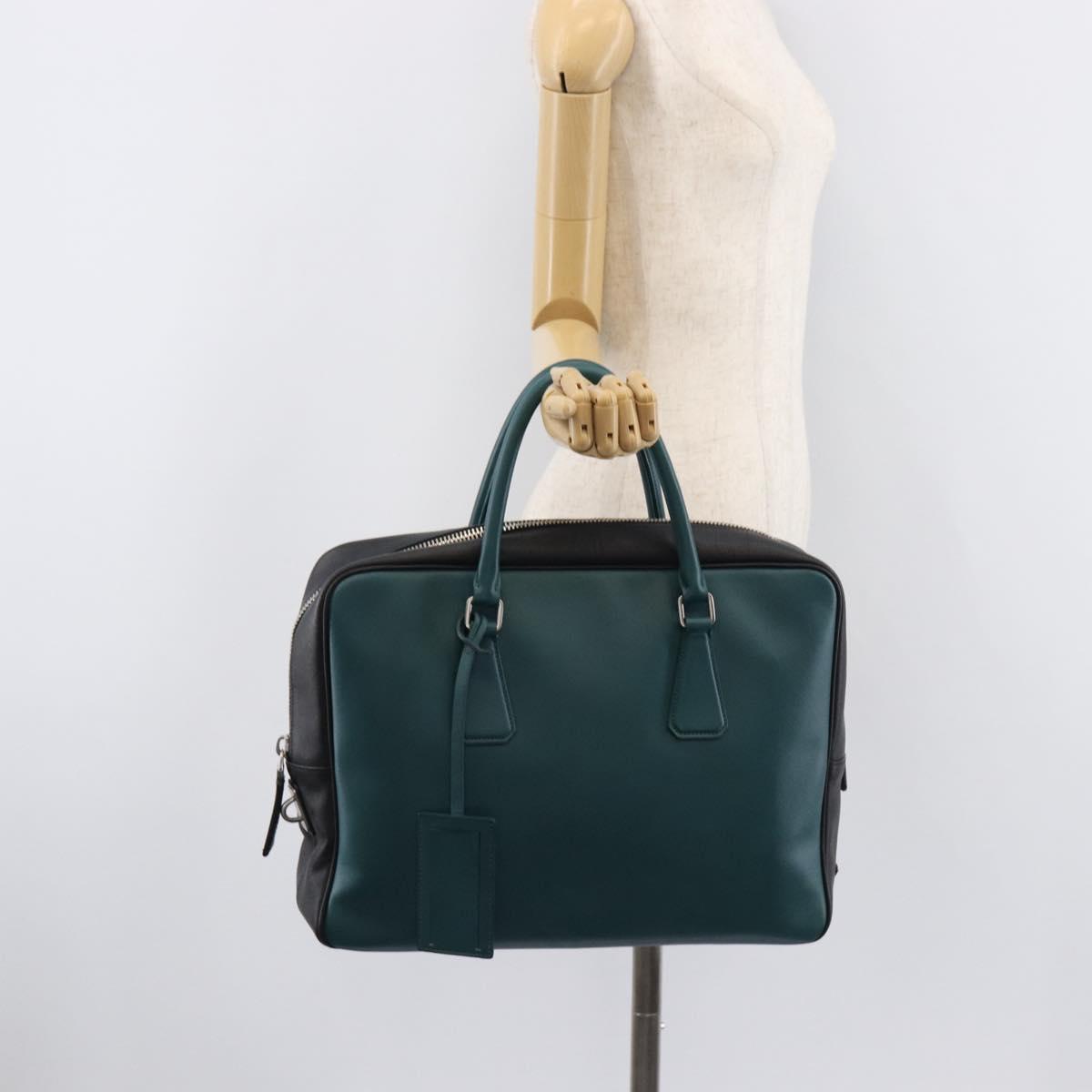 PRADA Hand Bag Saffiano leather Black Emerald Green Auth 209730A