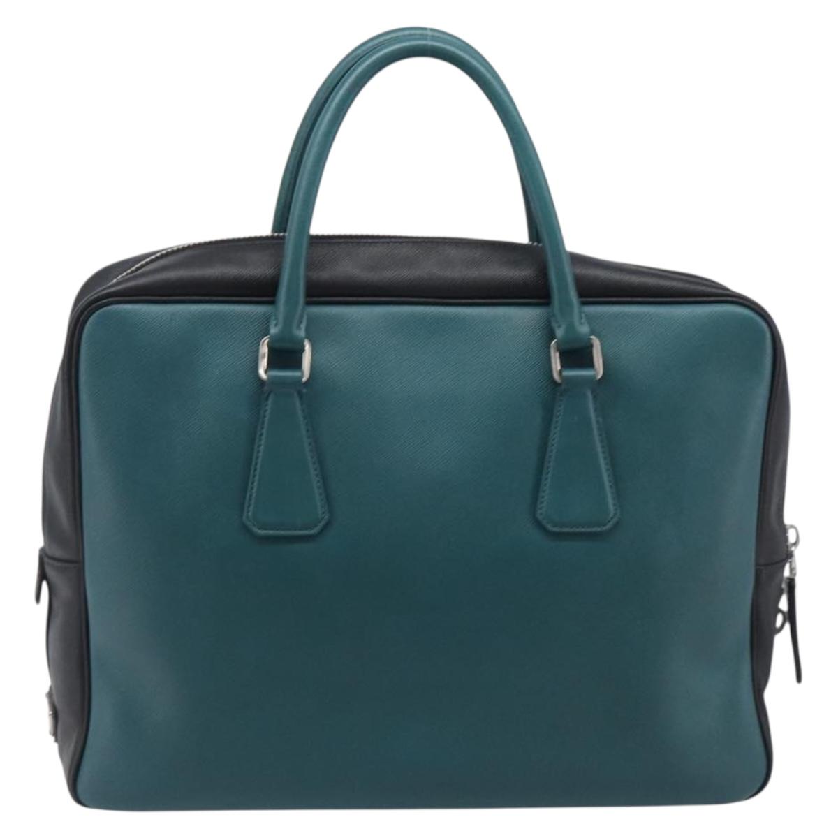 PRADA Hand Bag Saffiano leather Black Emerald Green Auth 209730A