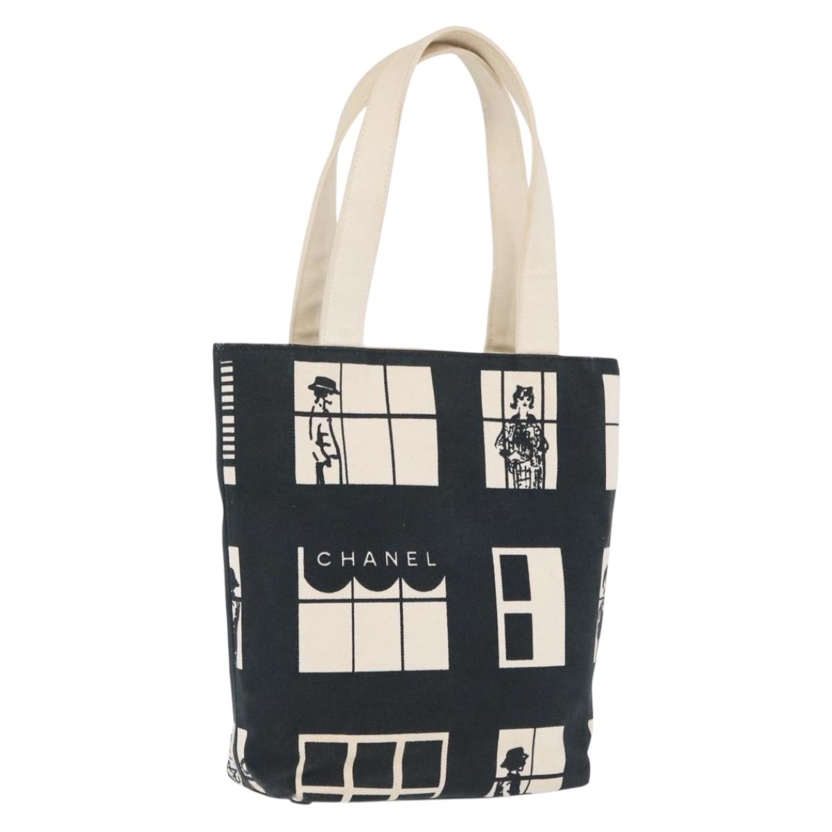 CHANEL Window Line Tote Bag Canvas Ivory Black CC Auth 209756A