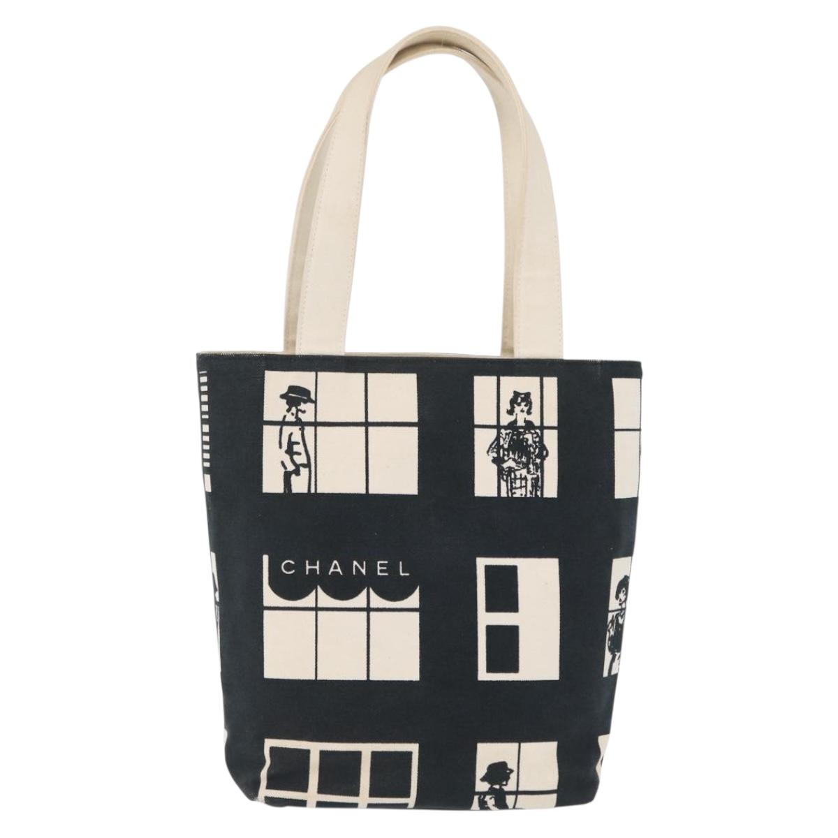 CHANEL Window Line Tote Bag Canvas Ivory Black CC Auth 209756A