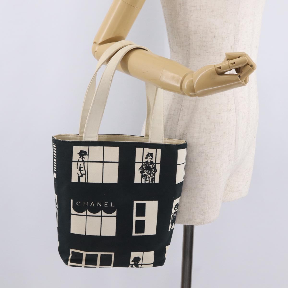 CHANEL Window Line Tote Bag Canvas Ivory Black CC Auth 209756A