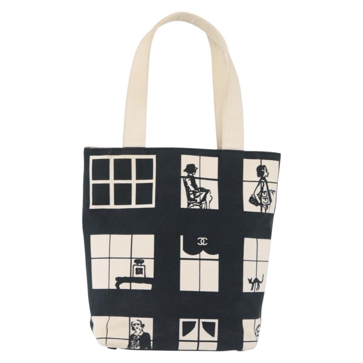 CHANEL Window Line Tote Bag Canvas Ivory Black CC Auth 209756A