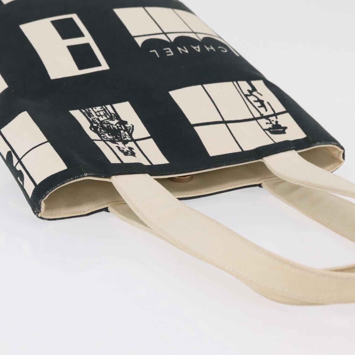 CHANEL Window Line Tote Bag Canvas Ivory Black CC Auth 209756A