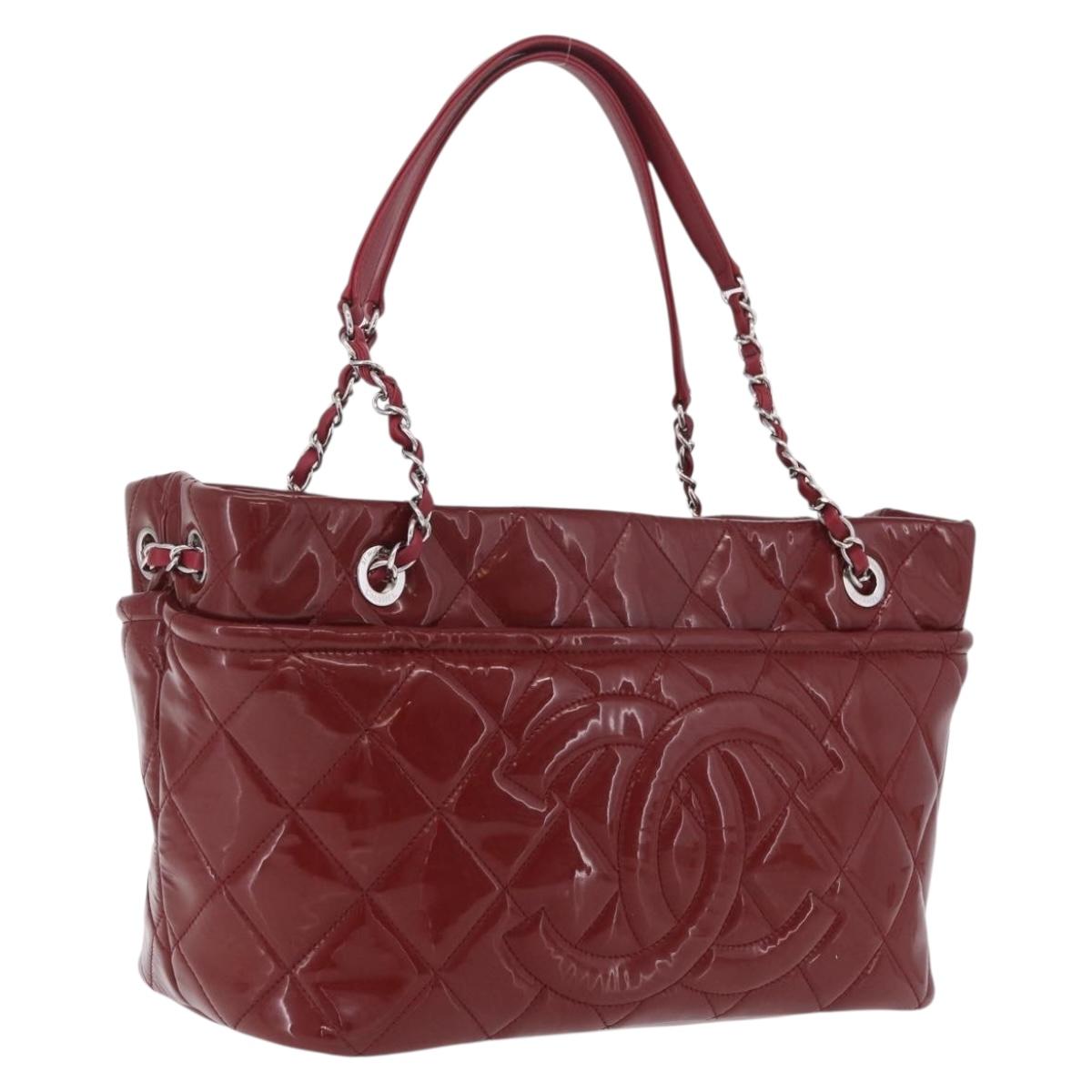 CHANEL Matelasse Chain Shoulder Tote Bag Patent Red Silver CC Auth 209761A