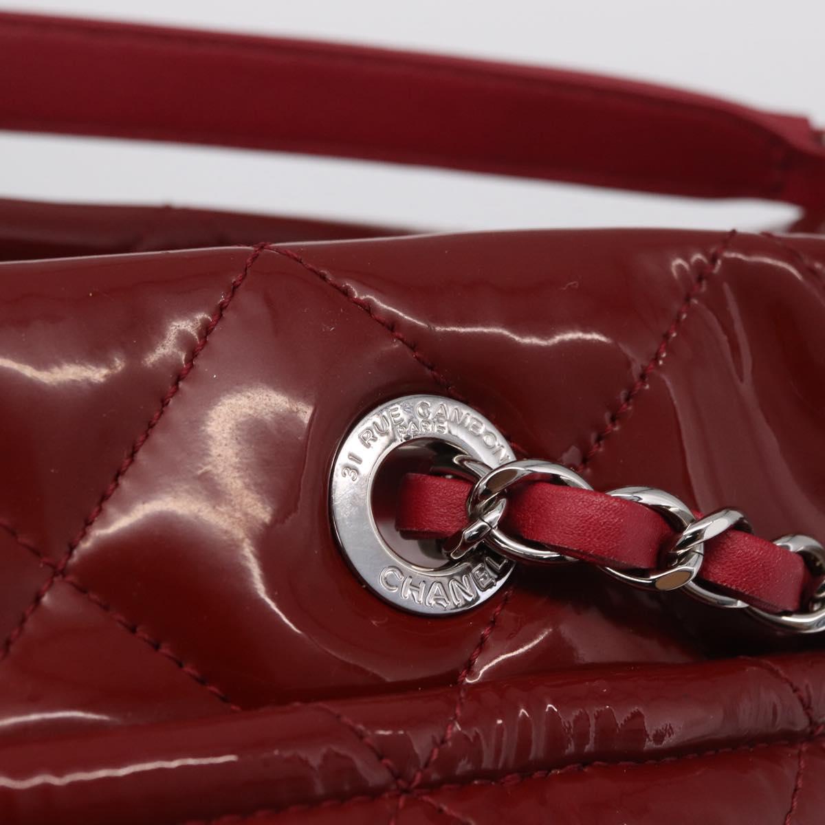 CHANEL Matelasse Chain Shoulder Tote Bag Patent Red Silver CC Auth 209761A