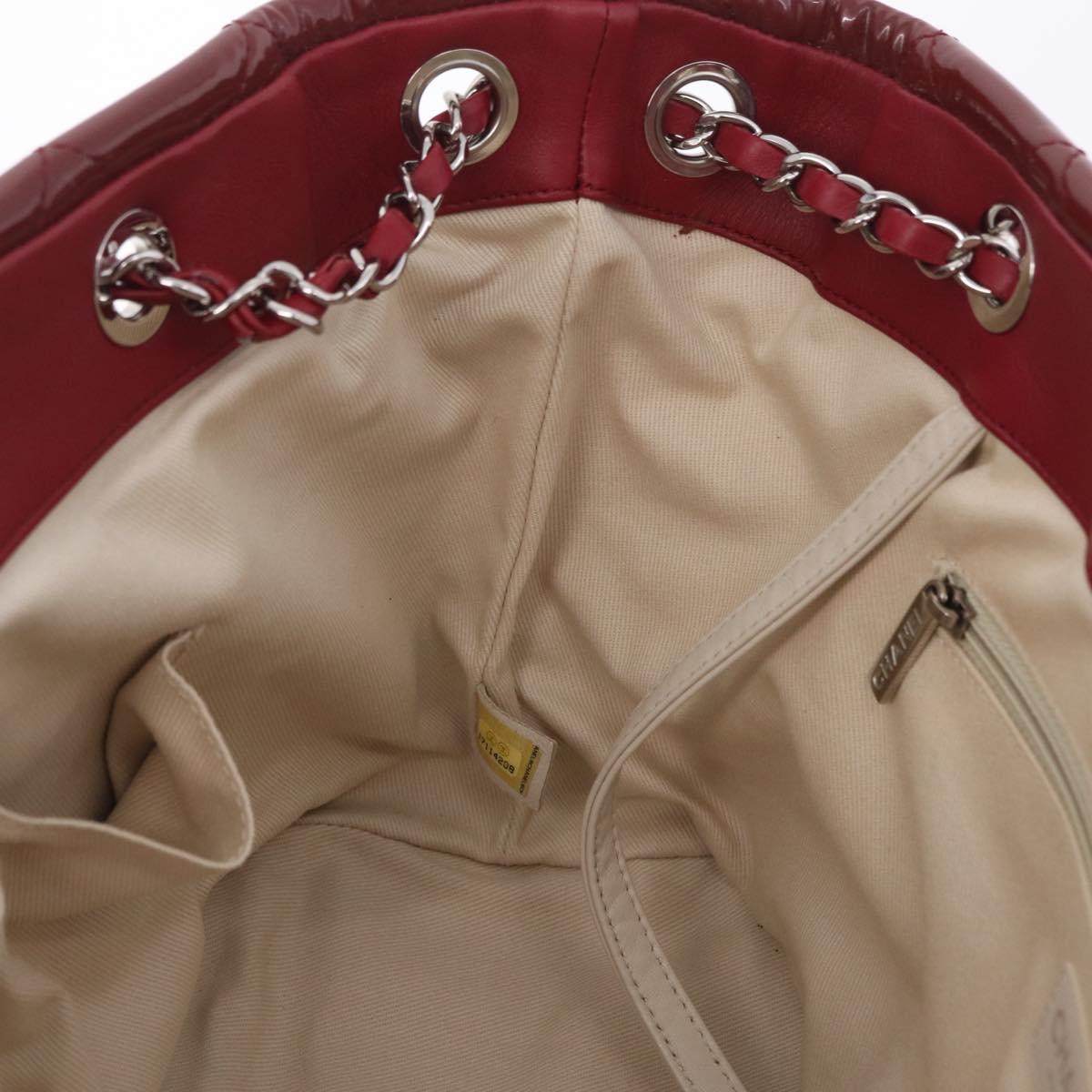 CHANEL Matelasse Chain Shoulder Tote Bag Patent Red Silver CC Auth 209761A