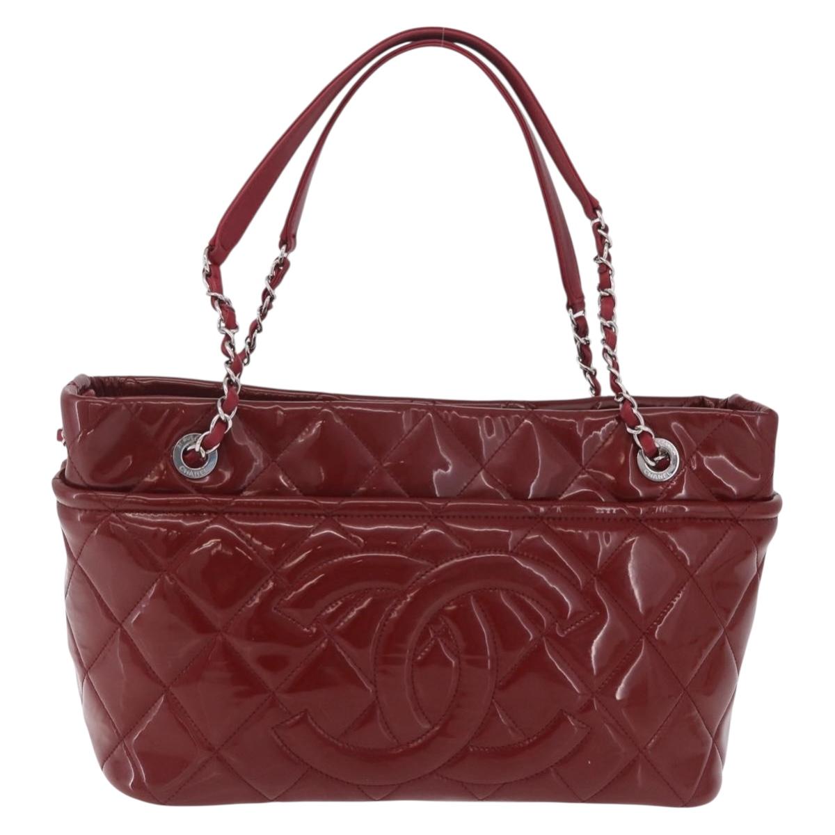 CHANEL Matelasse Chain Shoulder Tote Bag Patent Red Silver CC Auth 209761A