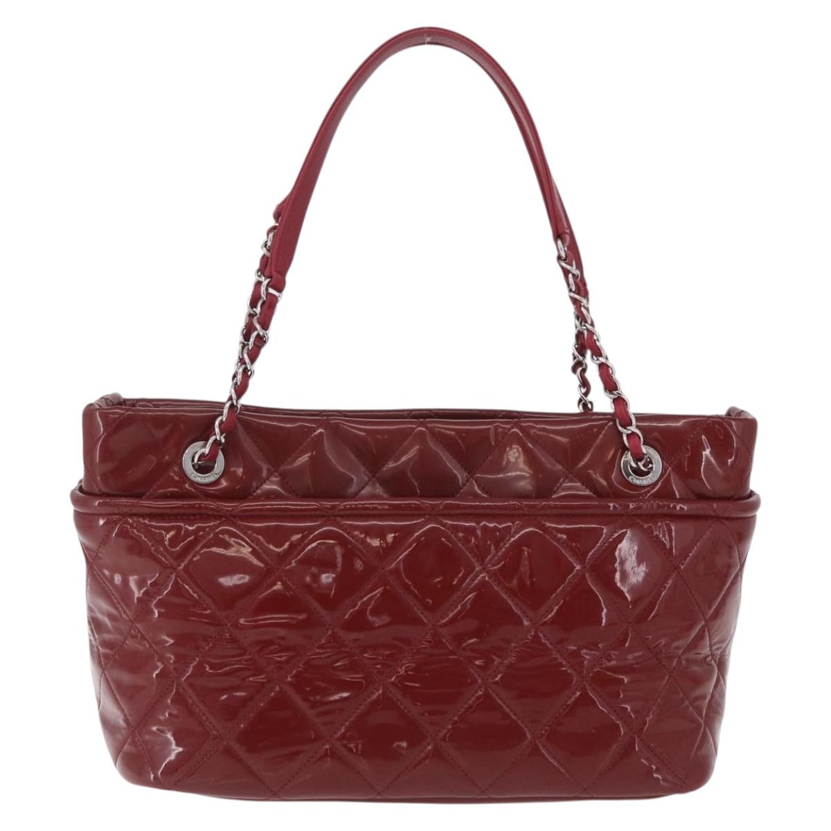 CHANEL Matelasse Chain Shoulder Tote Bag Patent Red Silver CC Auth 209761A