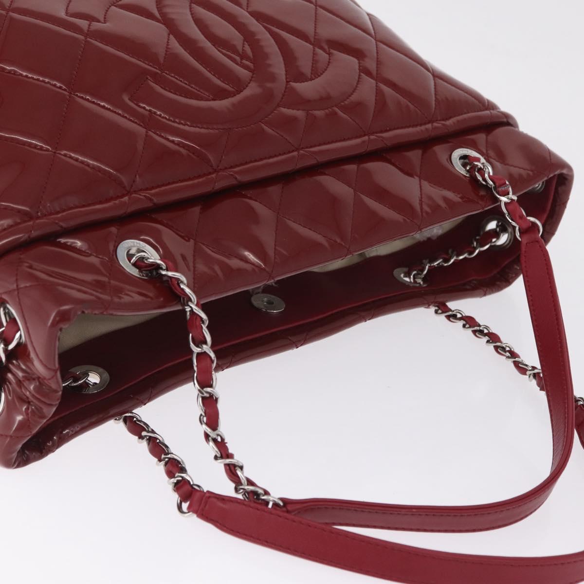 CHANEL Matelasse Chain Shoulder Tote Bag Patent Red Silver CC Auth 209761A