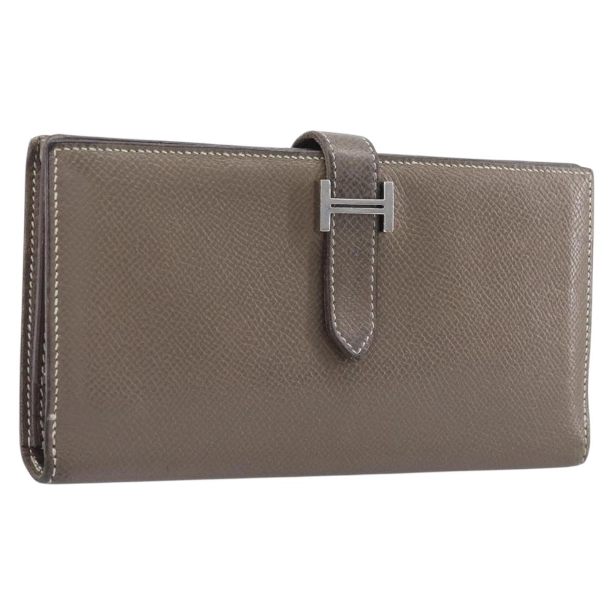 HERMES Bane Souffle Long Wallet Leather Beige Silver Auth 209775