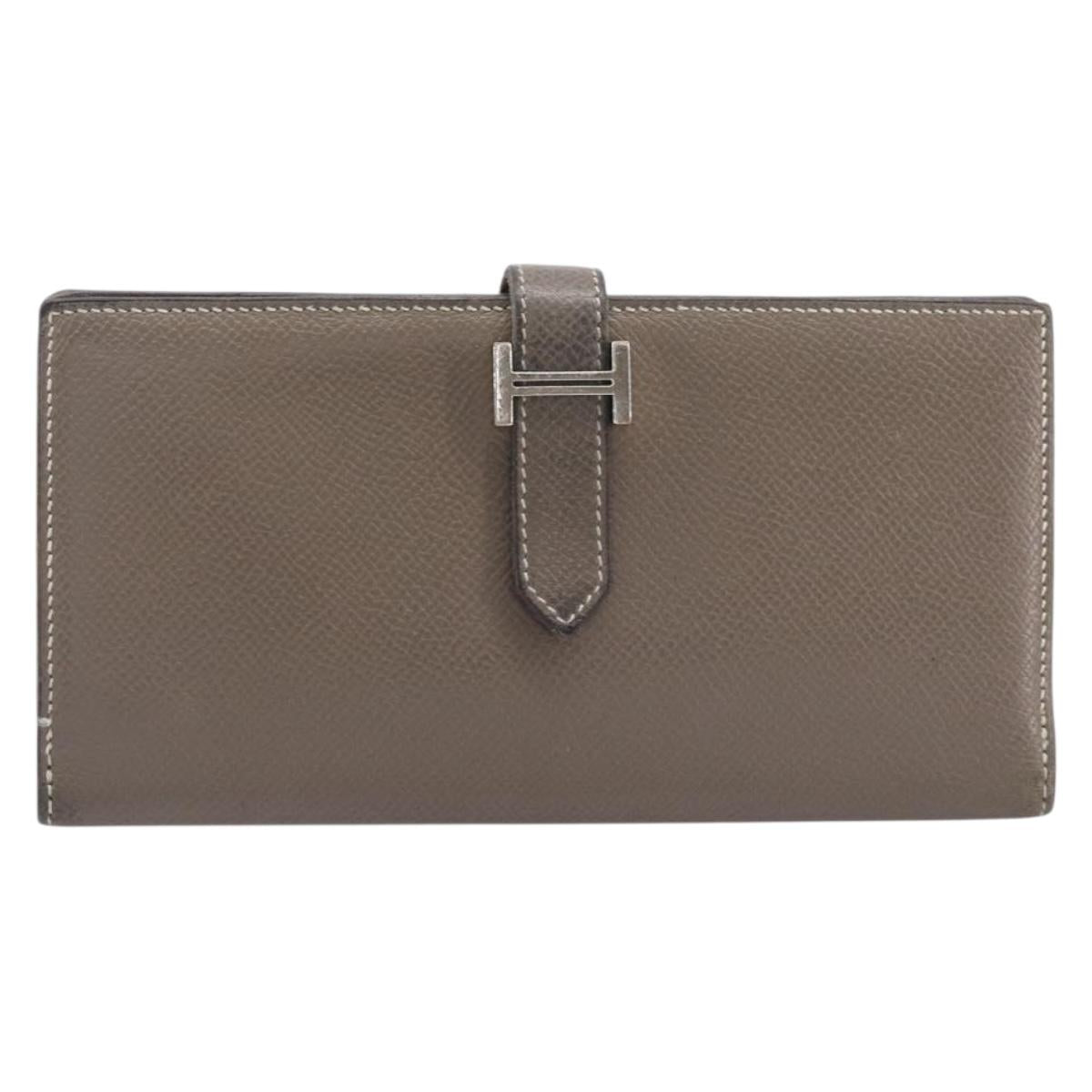 HERMES Bane Souffle Long Wallet Leather Beige Silver Auth 209775