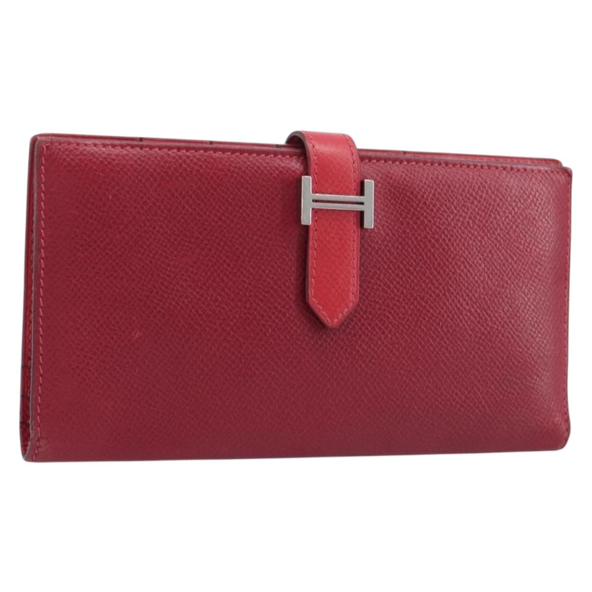 HERMES Bean Long Wallet Leather Red Silver Auth 209776A