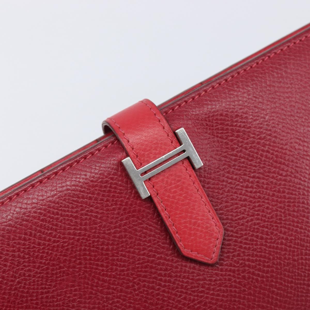 HERMES Bean Long Wallet Leather Red Silver Auth 209776A