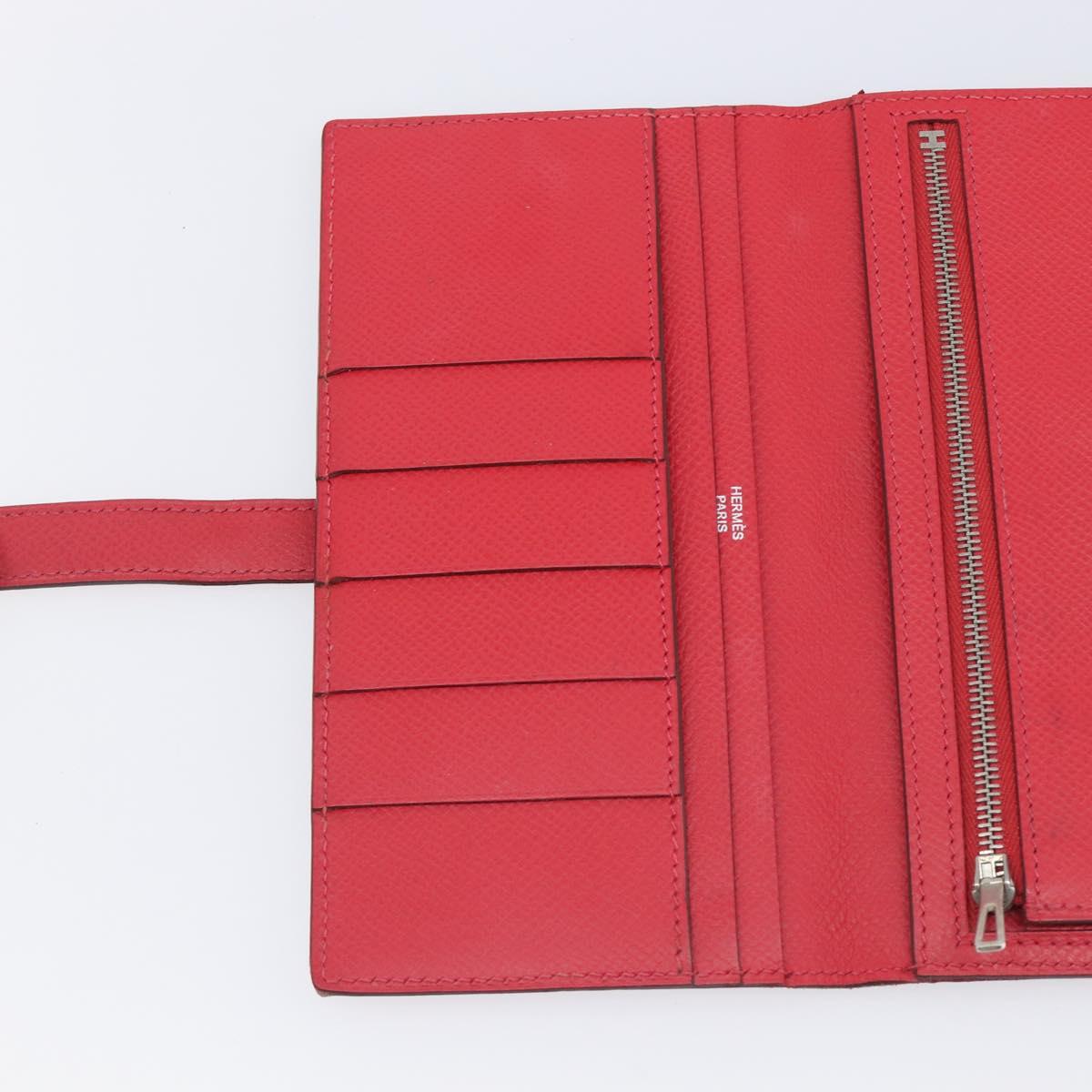 HERMES Bean Long Wallet Leather Red Silver Auth 209776A
