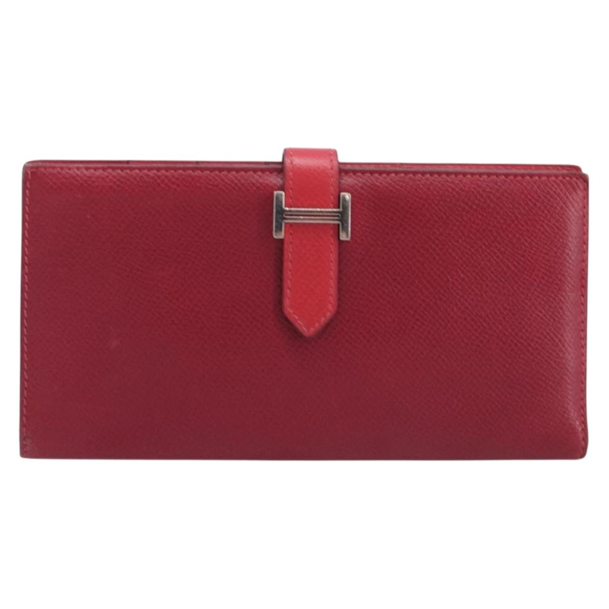 HERMES Bean Long Wallet Leather Red Silver Auth 209776A