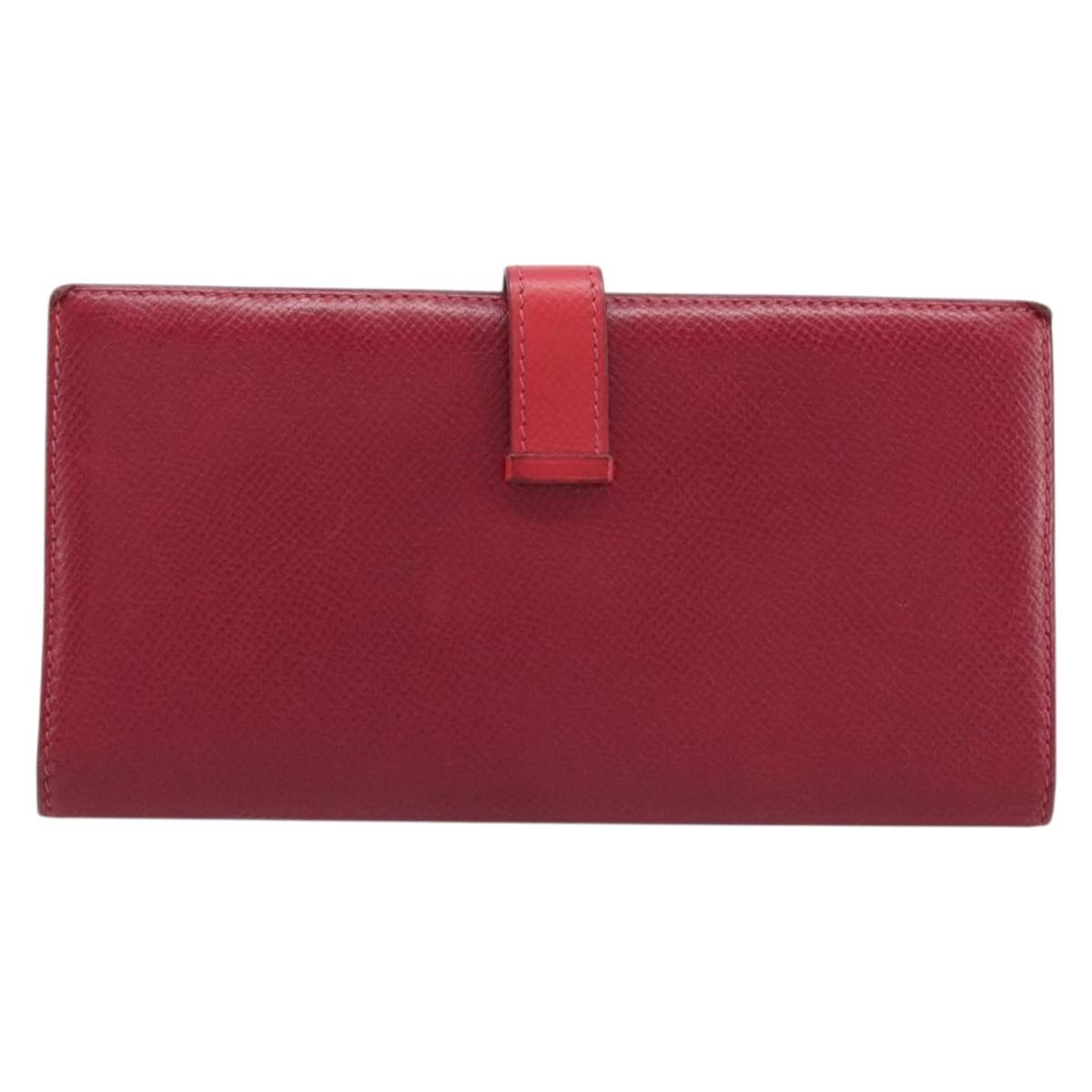 HERMES Bean Long Wallet Leather Red Silver Auth 209776A