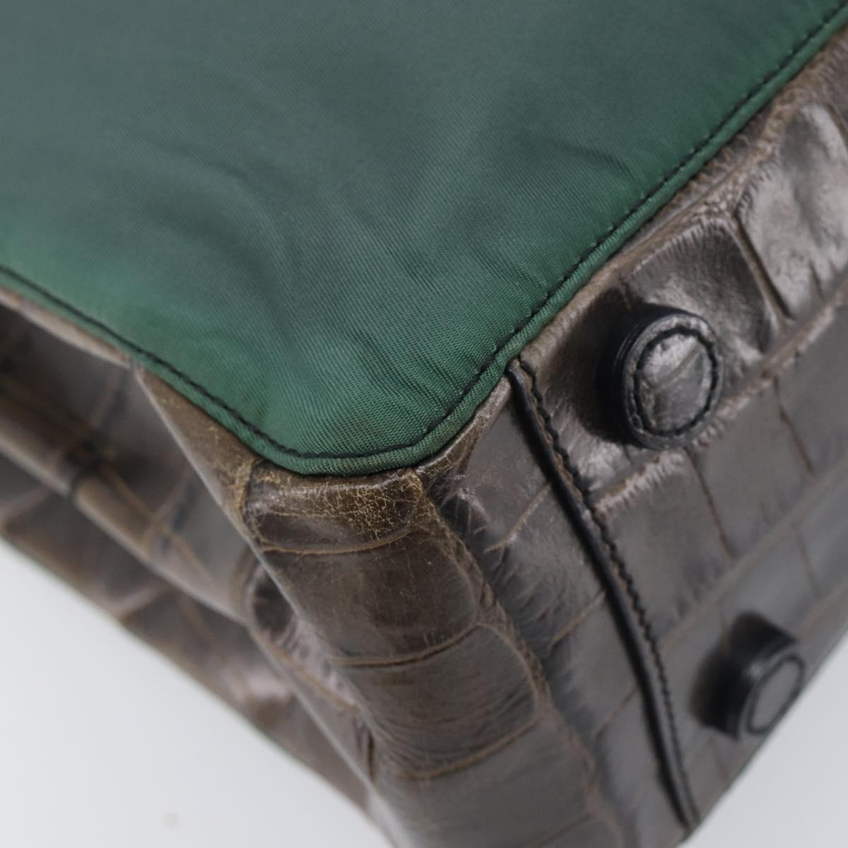 PRADA Metal Handle Shoulder Bag Nylon Green Silver Auth 209835A