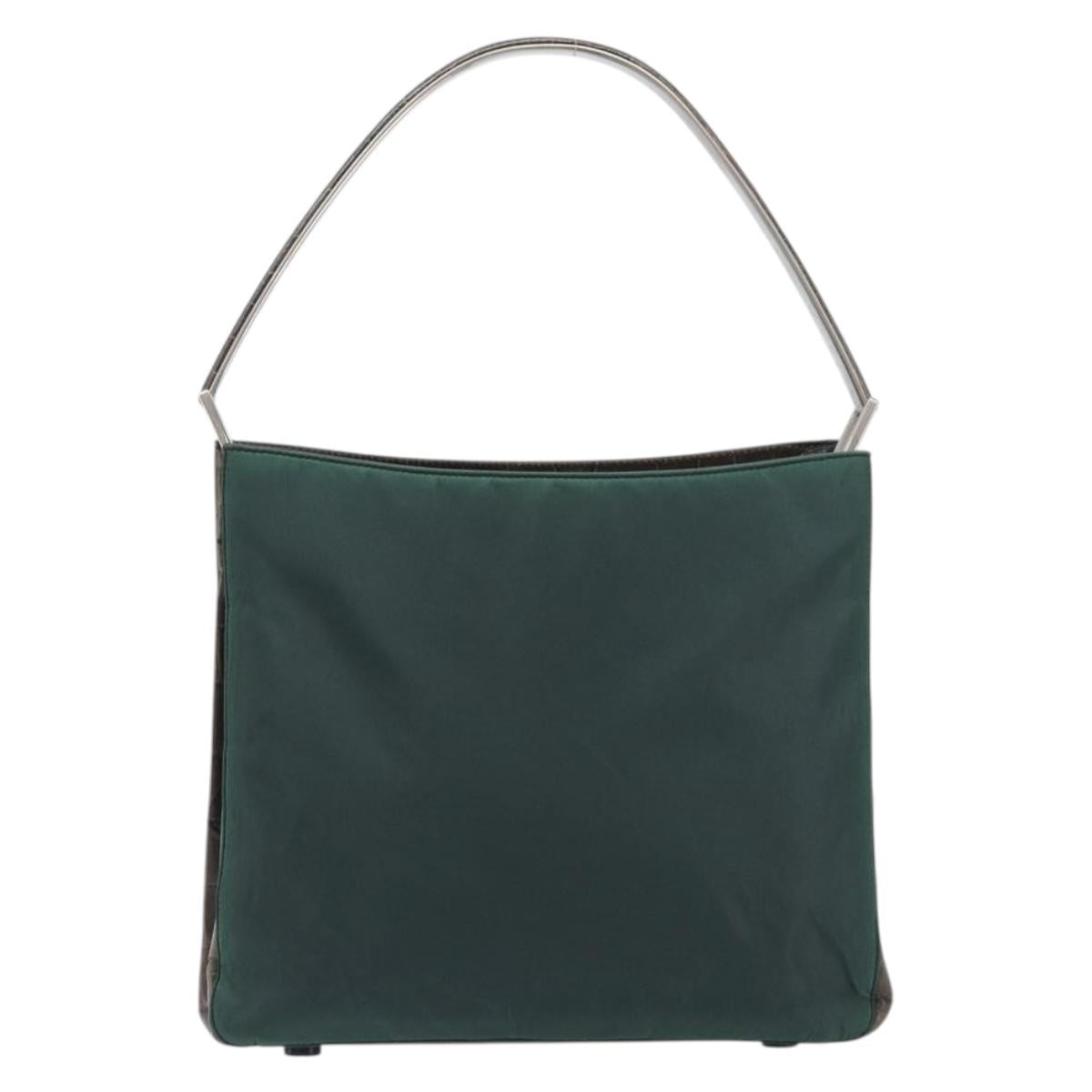 PRADA Metal Handle Shoulder Bag Nylon Green Silver Auth 209835A