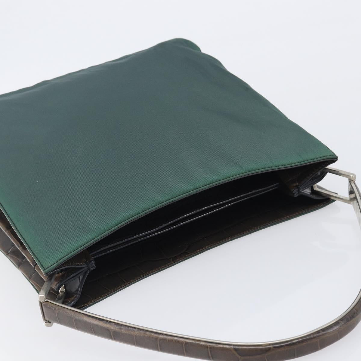 PRADA Metal Handle Shoulder Bag Nylon Green Silver Auth 209835A