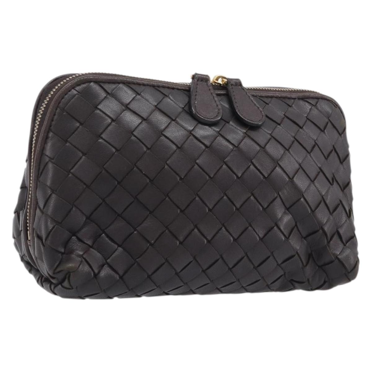 Bottega Veneta INTRECCIATO Pouch Leather Dark Brown Gold Auth 209842A