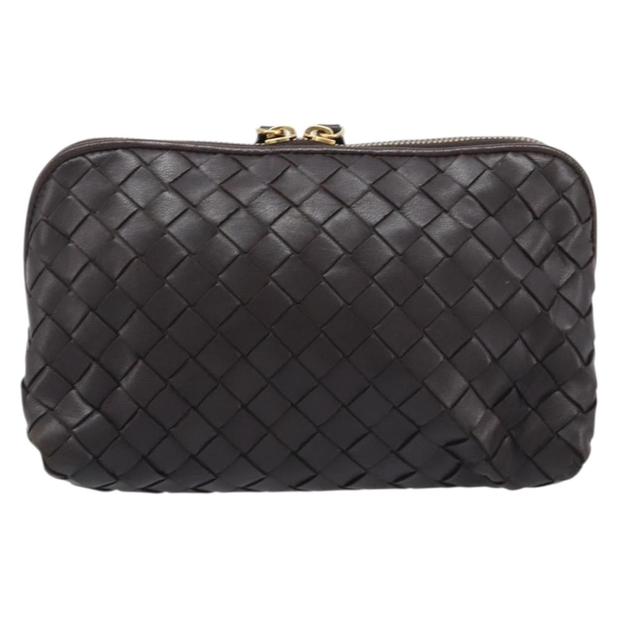 Bottega Veneta INTRECCIATO Pouch Leather Dark Brown Gold Auth 209842A