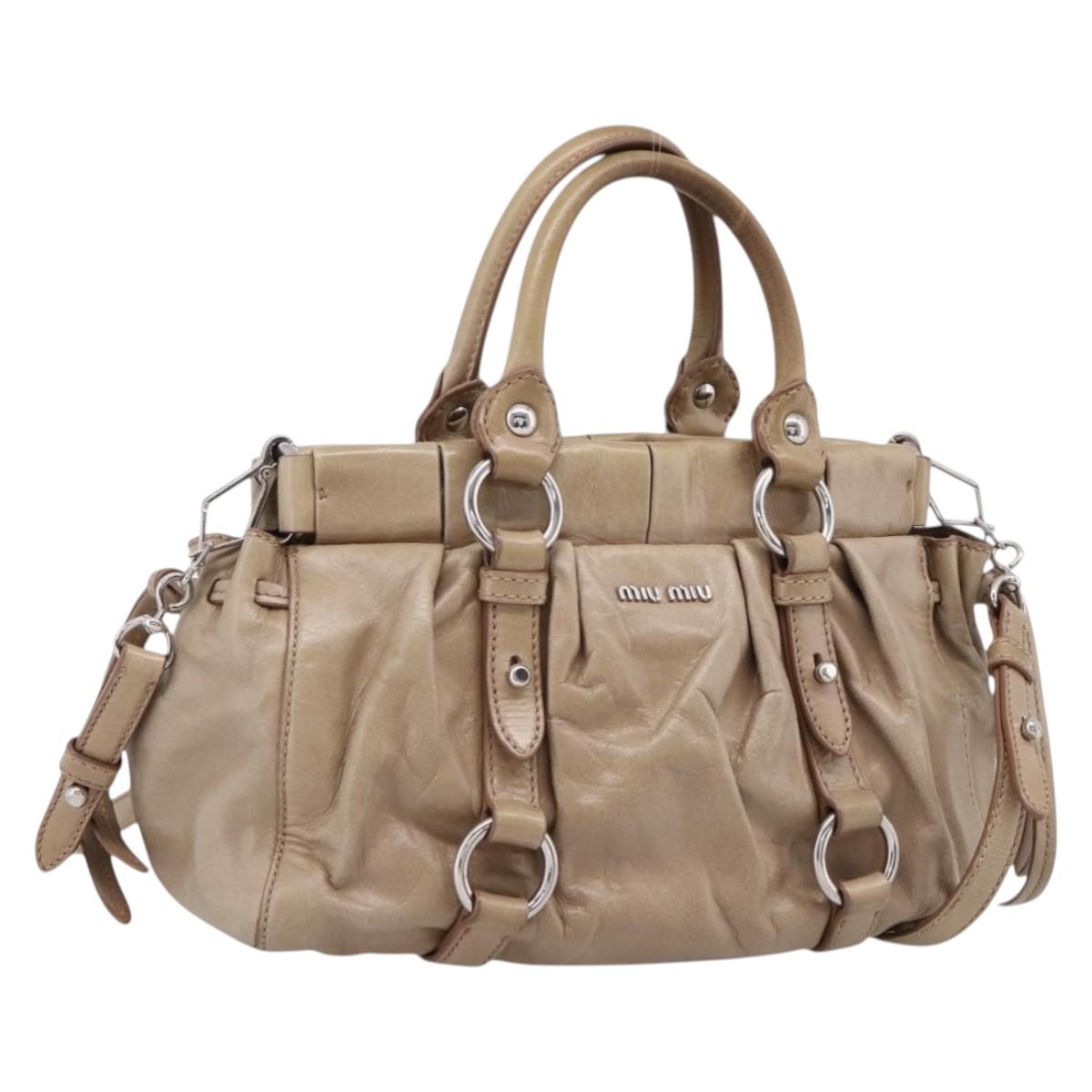 Miu Miu Hand Bag Vitellolux 2way Beige Silver Auth 209843V