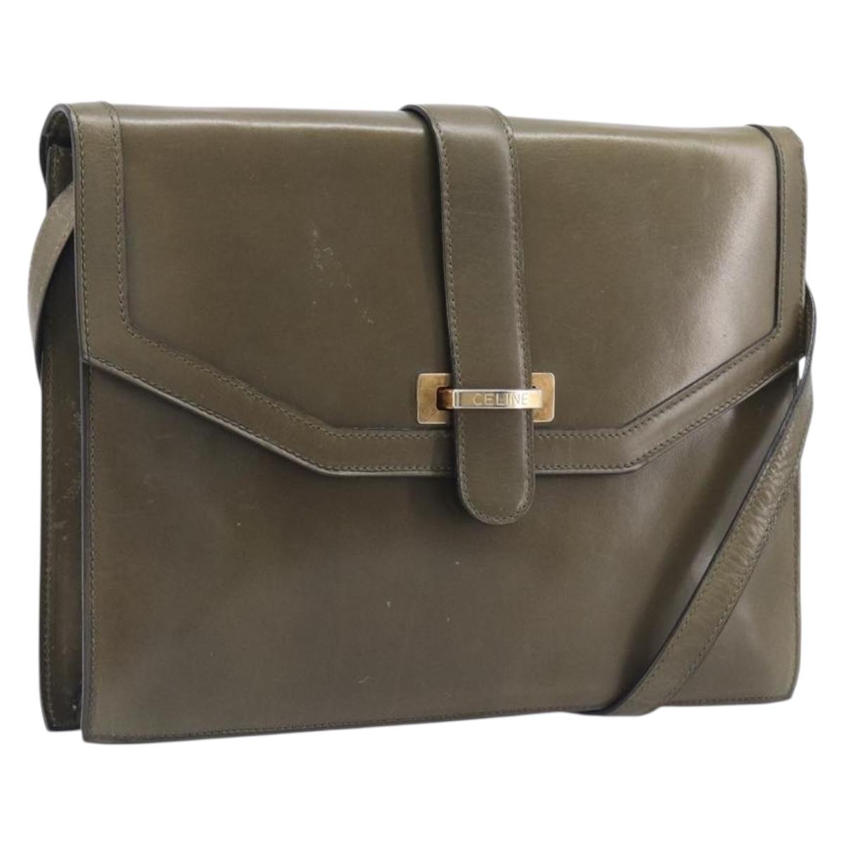 CELINE Shoulder Bag Leather Khaki Gold Auth 209858